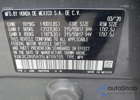 2020 Honda Hr-V 2Wd Lx из США, поврежденный, VIN 3CZRU5H35LM709705